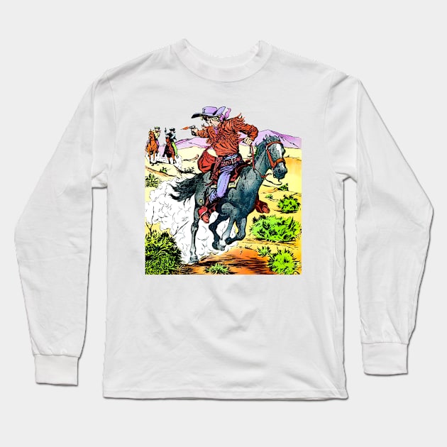 Cody Of The Pony Express 1955 chase and shooting of cowboys on horseback running at maximum speed through the desert wild west cowboy shootout retro vintage comic Long Sleeve T-Shirt by REVISTANGO